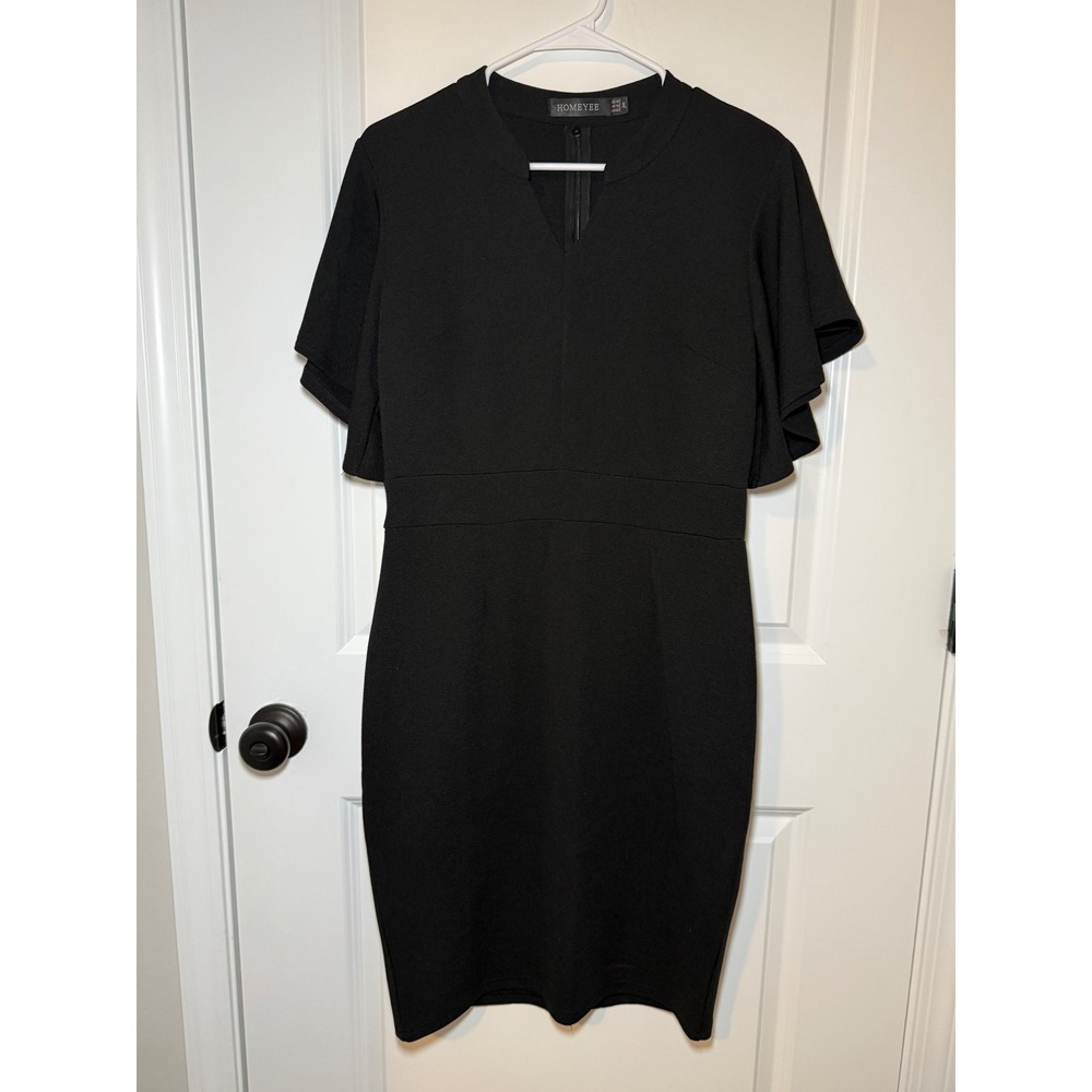 Homeyee Black Flutter Sleeve Sheath Dress Notched V-Neck Crepe Business XL 10